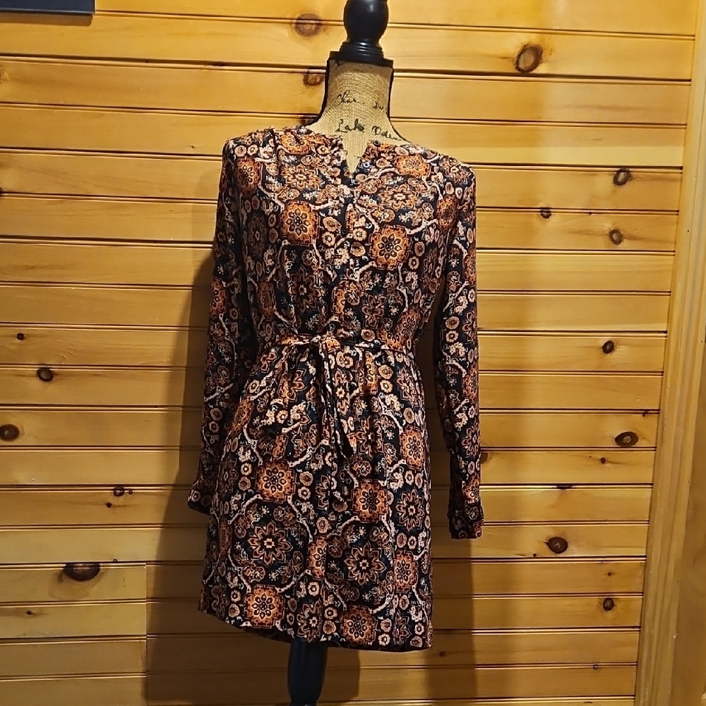 Floral Long Sleeve Dress - Black and Orange